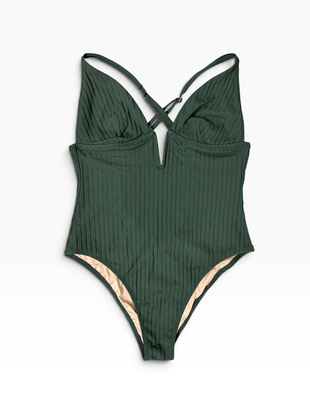 Shade & Shore Dark Green Ribbed V-Notch One-Piece Swimsuit